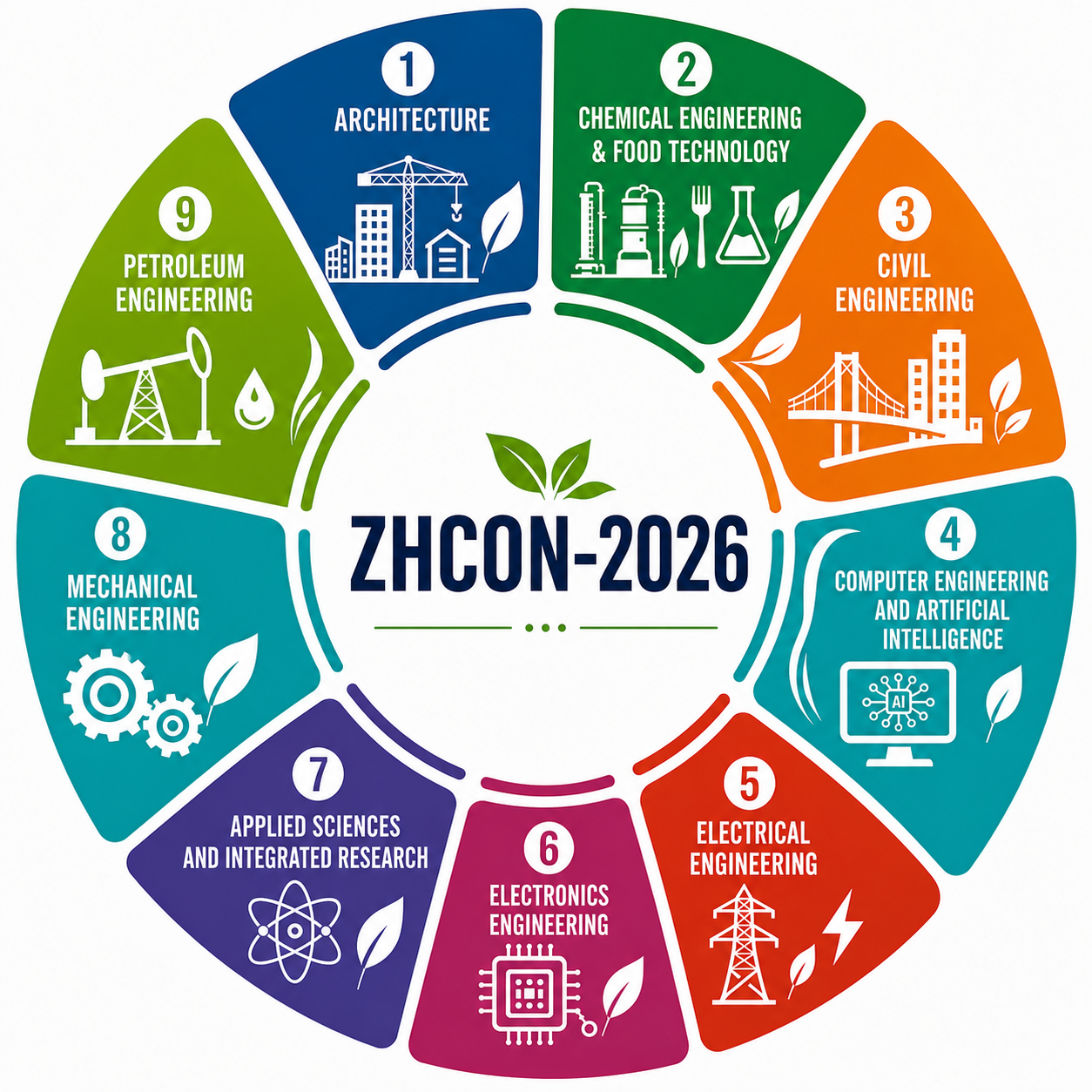 ZHCON-2026 conference emblem showing nine engineering and sustainability themes